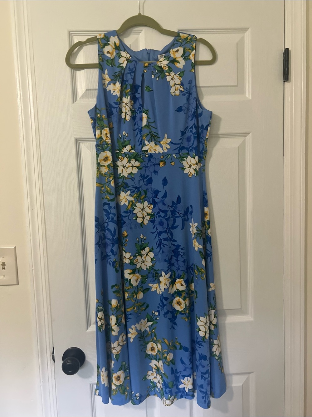 London Style Women’s 8 Blue Floral Chiffon Midi Fit & Flare Pleated Lined Dress